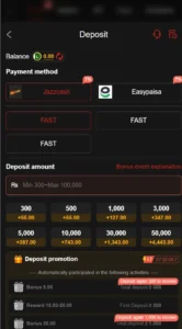 999SX Game deposit screen showing JazzCash and Easypaisa payment options