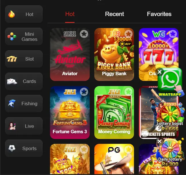 999SX Game lobby screenshot showing mini games and slots menu
