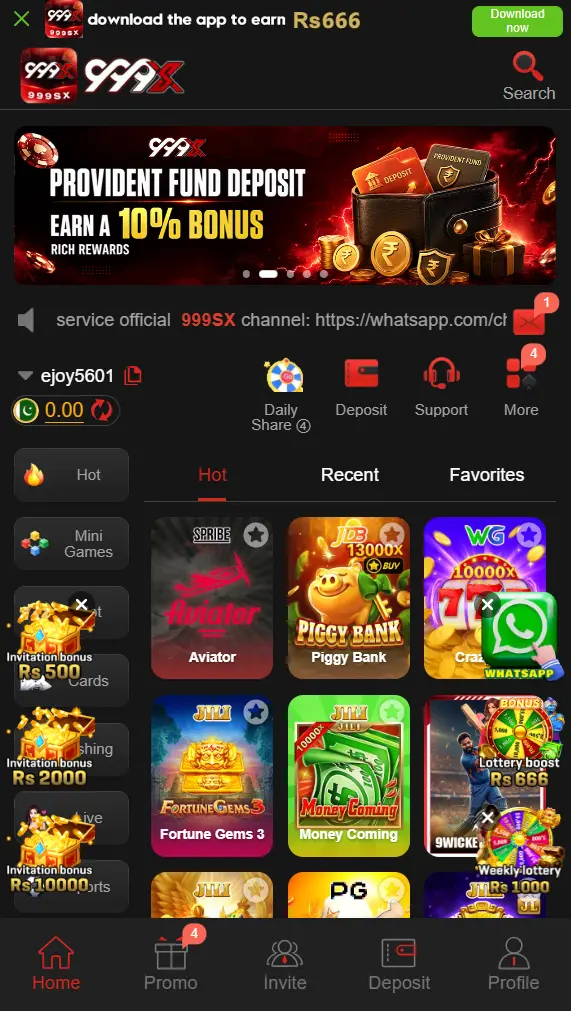 999SX Game home dashboard screenshot after installing and logging in